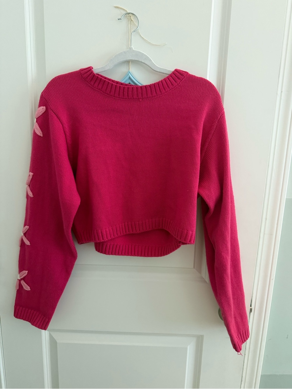 Altar'd State Fuchsia Cropped Crewneck Sweater with Flower Details